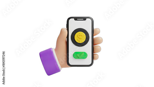 Close up of a realistic 3D render of a hand holding a modern smartphone displaying a digital payment interface with a gold coin icon and a green confirmation button against a transparent background