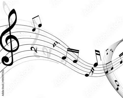 Elegant musical notes and treble clef flowing on a white background
