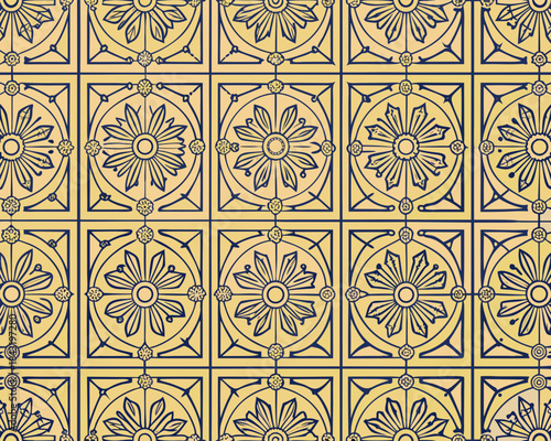 A seamless pattern of floral tiles in shades of yellow and blue