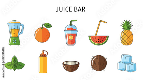 A collection of ten illustrated icons related to a juice bar arranged in two rows