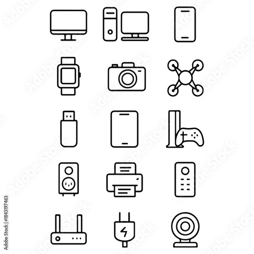 Electronic Devices Thin Line Icon Set – Computer, Laptop, Smartphone, Camera & Drone