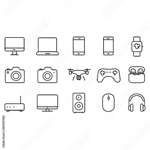 Electronic Devices Thin Line Icon Set – Computer, Laptop, Smartphone, Camera & Drone