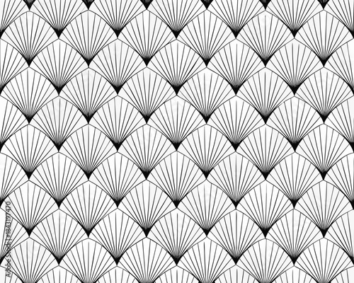 A seamless black and white pattern of repeating fan like curved shapes