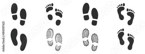 Human foot and shoe print icons set, featuring clean  walking and footprint symbols, minimal design elements, and clear shapes isolated on white background for signage, education, 