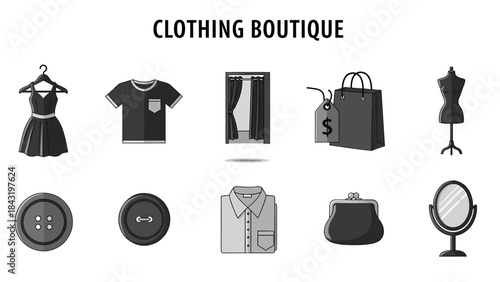 Black and gray icons illustrating clothing boutique items arranged in two rows