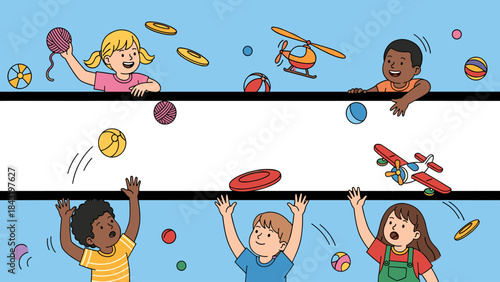 Happy diverse children playing with colorful toys: balls, frisbees, and toy vehicles in a fun, active cartoon scene