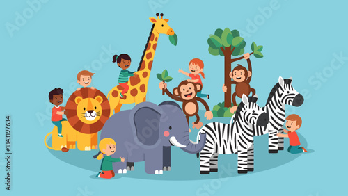 Happy Children Playing with Safari Animals Illustration - Diverse Kids & Wild Animals Friendship Cartoon