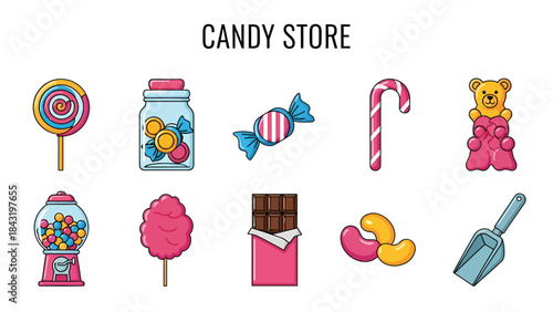 Cartoon icons representing various candies and a scoop under the heading CANDY STORE