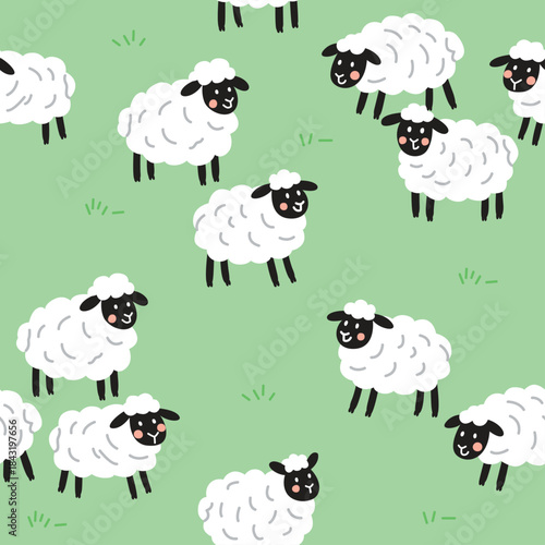 Adorable Cartoon Sheep Grazing on a Green Meadow Pattern