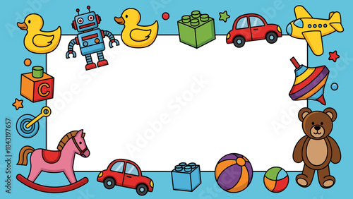 Playful Children's Toys Border Frame Illustration on Blue Background for Kids' Design, Nursery, or Party Template