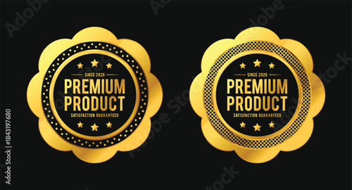 Elegant gold premium quality product badges with shiny metallic style, star elements, and round sun flower shapes. For icon, logo, label, sign, symbol, stamp, stickers, seal, tag. Vector Illustration