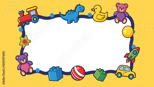 Playful kids' toy frame with train, dinosaur, teddy bear, and blocks on yellow background