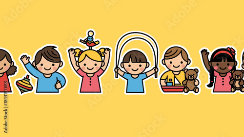 Diverse Children Playing with Toys Banner Illustration. Happy Kids Group on Yellow Background, Childhood Fun & Education Concept.