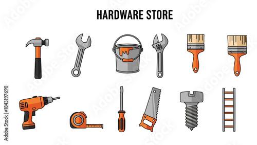 Cartoon illustration of various hardware tools and supplies under a HARDWARE STORE heading