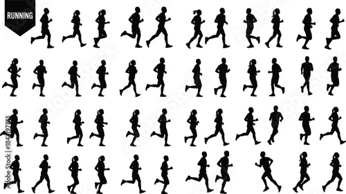 Large Collection of Running and Jogging Vector Silhouettes: Diverse Male and Female Athletes in Motion, Perfect for Fitness, Health, Marathon, and Active Lifestyle Design.