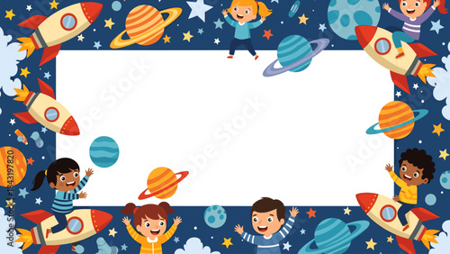 Cartoon Space Frame with Happy Kids, Rockets & Planets. Fun Cosmic Border for Children's Design, Education & Play