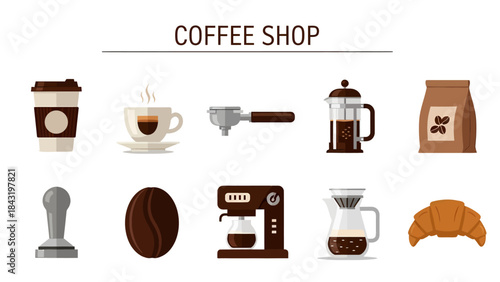 Collection of ten coffee shoprelated flat design icons arranged in two rows