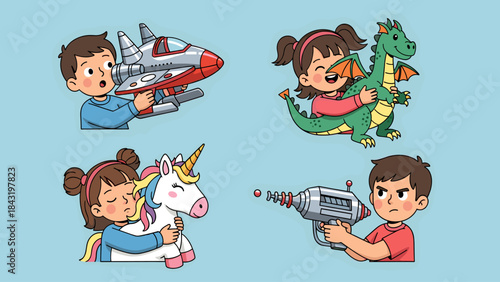 Cute Cartoon Kids Playing with Imaginative Fantasy Toys: Spaceship, Dragon, Unicorn, Ray Gun. Childhood Fun.