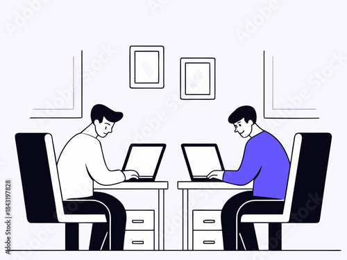 Two men working on laptops at desks in a modern office setting isolated on transparent background