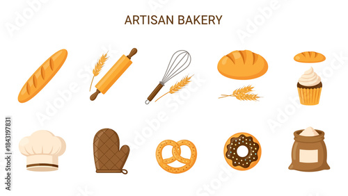 Collection of ten flatstyle icons related to artisan bakery items and tools