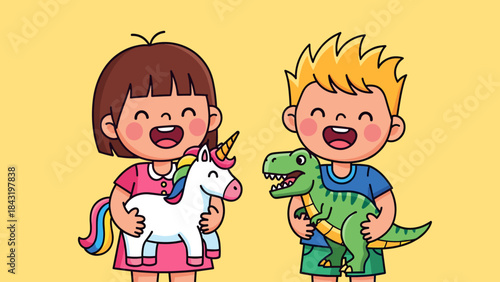 Happy cartoon children holding favorite toys: a girl with a unicorn and a boy with a dinosaur. Cute illustration for kids.
