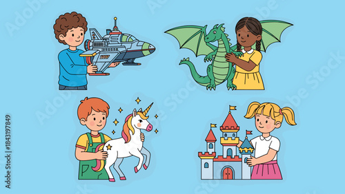 Kids Playing with Fantasy & Sci-Fi Toys: Spaceship, Dragon, Unicorn, Castle. Childhood Imagination & Creative Play