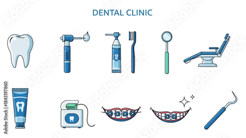 Dental clinic icon set featuring a tooth tools chair toothpaste and braces