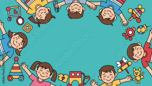 Smiling diverse children and colorful toys forming a playful border on a vibrant teal background, concept for childhood and education.