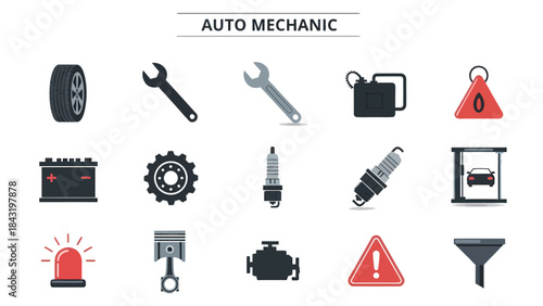 Fifteen flat vector icons related to auto mechanics arranged in three rows