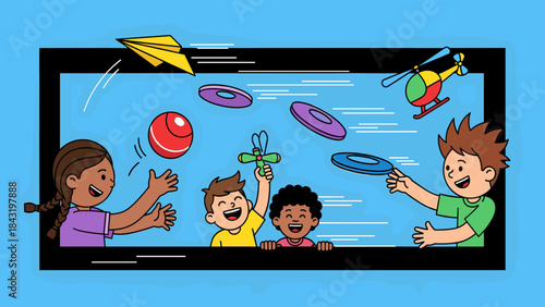 Happy diverse kids playing with flying toys from a screen illustration. Childhood fun, imagination, and digital play.