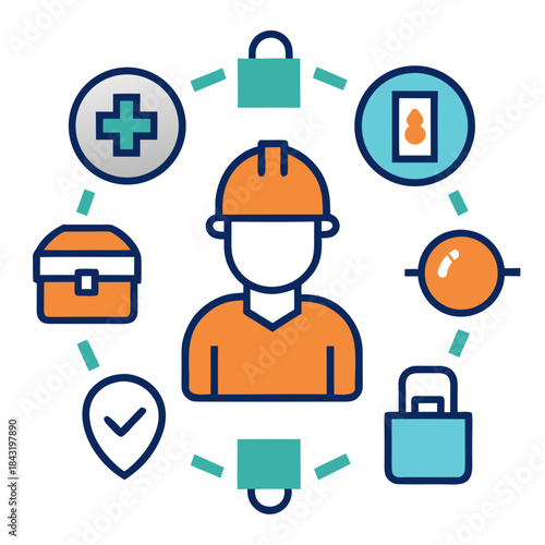 Construction worker safety and security icons surrounding a person isolated on transparent background