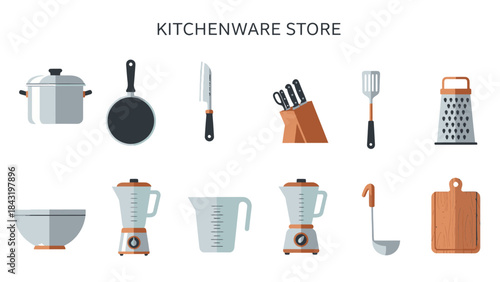 Flat icon set of kitchenware items arranged in two rows under a title
