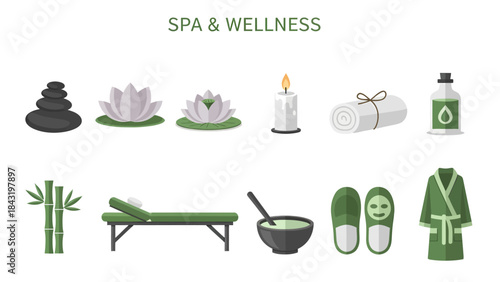 Flat icons for spa and wellness including stones lotus flowers candle towel oil bamboo table mask bowl slippers and robe
