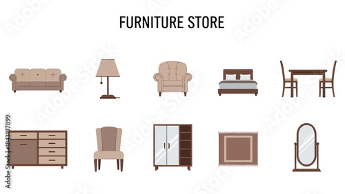 Furniture store illustration with ten brown and beige furniture items on a white background
