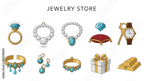 Ten assorted jewelry and precious item icons arranged in two rows under the JEWELRY STORE title