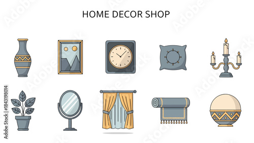 Ten flatstyle home decor icons arranged in two rows above the title
