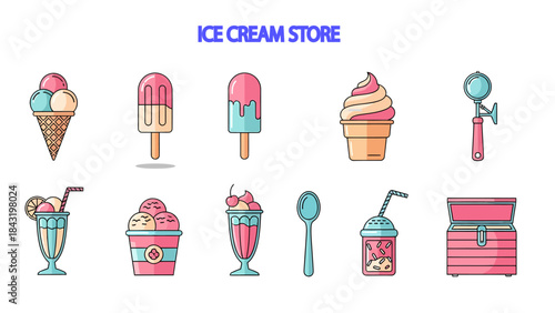 Ten flatstyle ice cream parlor icons in two rows against white