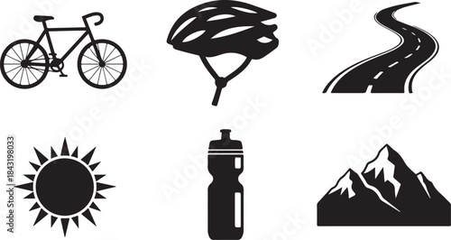 Black and white icons for cycling and outdoor activities on a white background bicycle helmet
