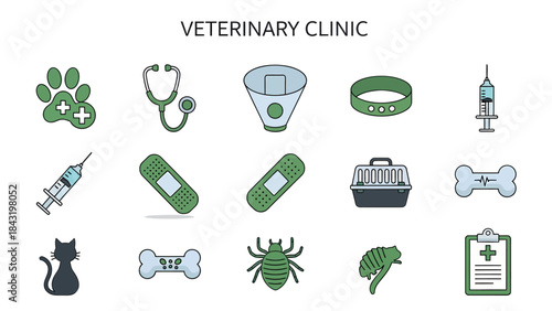 Veterinary clinic icons including paw print stethoscope syringe bandages cat and bone