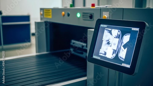 Baggage screening process with suitcase and smartphone on xray scanner in airport and security display