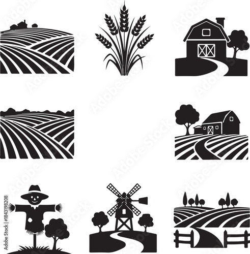 Collection of Farm and Agriculture Icons in Silhouette Style rural landscape