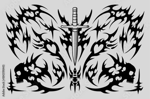 Neo tribal tattoo with sword design set, Y2k tribal tattoo design