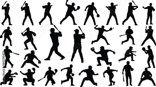 Baseball Game Action Vector Silhouettes: Men and Athletes in Dynamic Poses for Batting, Pitching, Running, and Fielding, Suitable for Sports and Team Graphics Design.