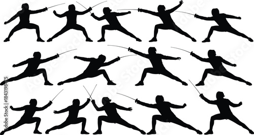 Fencing Sport Action Vector Silhouettes: Collection of Athletes in Competitive Positions Performing Lunges, Parries, and Attacks with Epee, Foil, or Sabre.