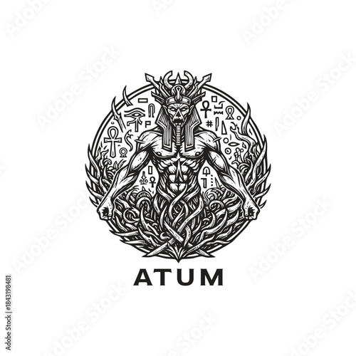 Intricate hand-drawn black and white illustration of the Egyptian creator god Atum, featuring ancient hieroglyphs and mystical symbols in a circular emblem design