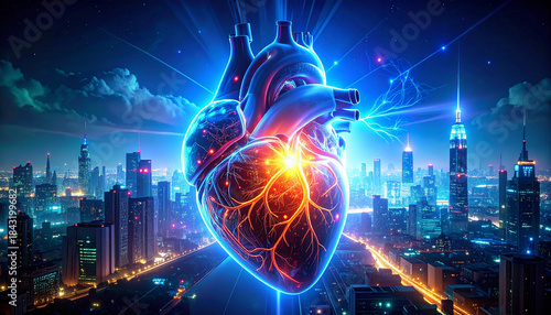 Heart of the Metropolis: An artistically rendered anatomical heart pulses with energy, illuminated against a backdrop of a vibrant cityscape. A captivating fusion of biology and urban life.