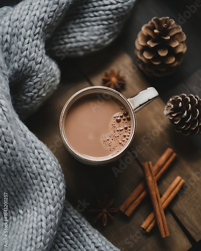 Cozy winter hot chocolate with cinnamon and pinecones