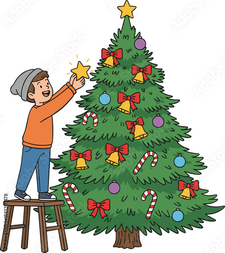 Cute boy decorating a Christmas tree and placing a golden star on top, happy child celebrating winter holiday, cartoon flat vector illustration, Merry Christmas, Happy New Year