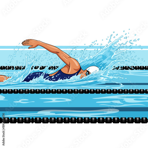 Competitive swimmer performing front crawl in racing lane in pool  