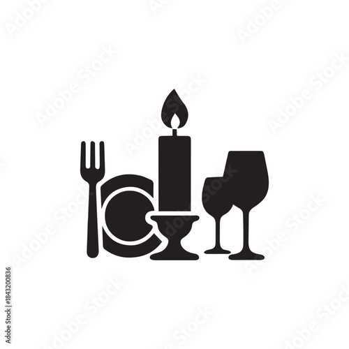 candlelight dinner icon set silhouette on white background